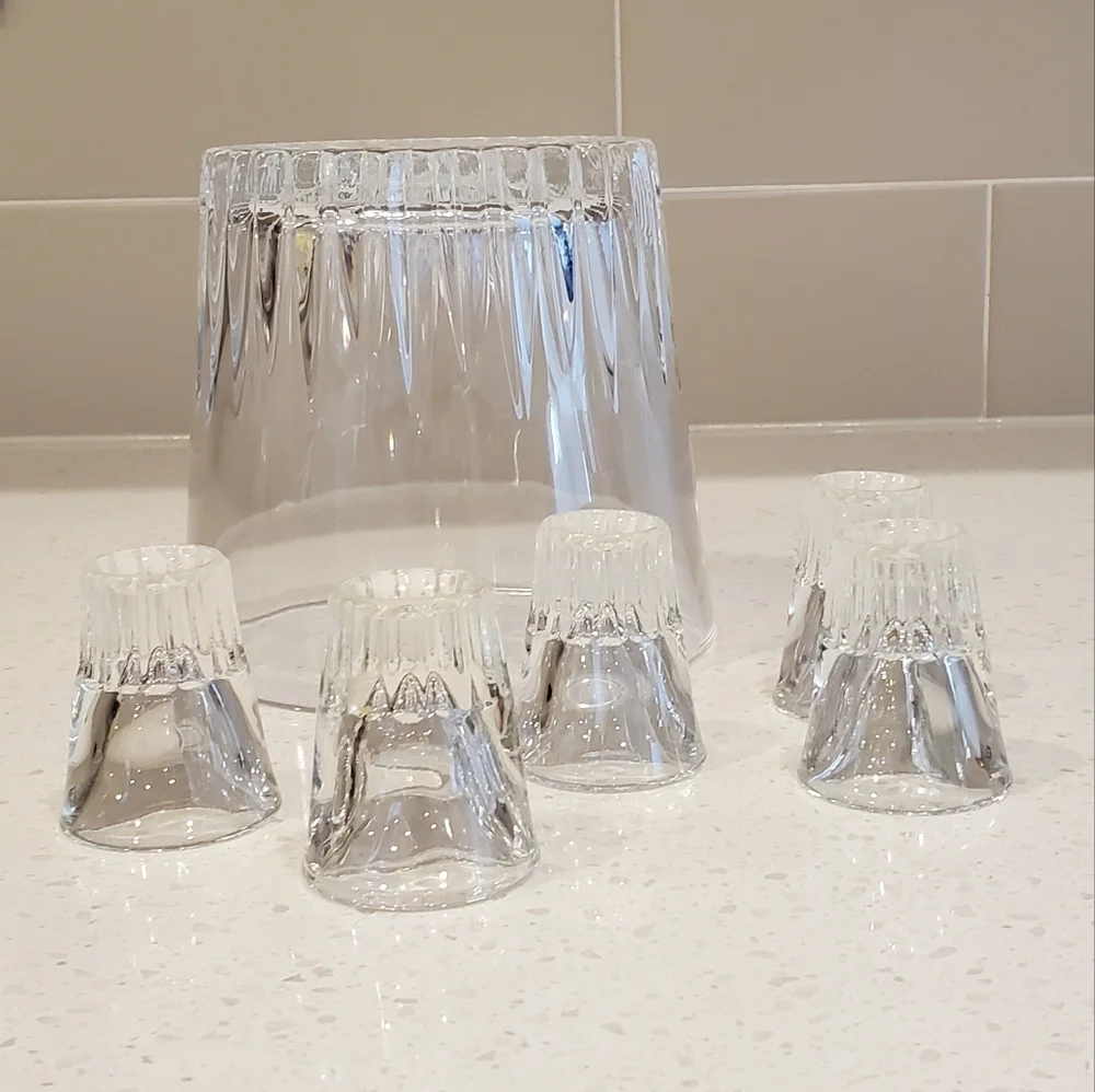 Vintage MCM, Ice Bucket + 5 Federal Glass Shotglasses, Fluted, EUC